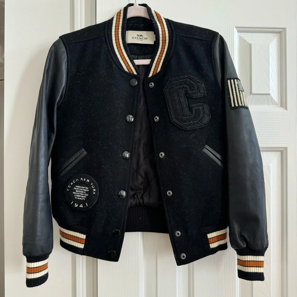 COACH Black Wool & Leather Patch Jacket, Stadium Style,Size XS